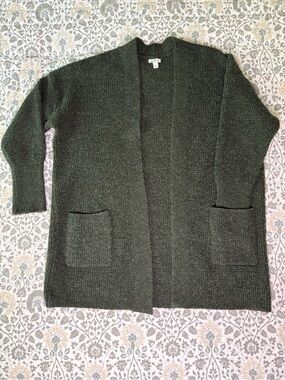 dip Olive Green Open-Front Knit Cardigan with Pockets